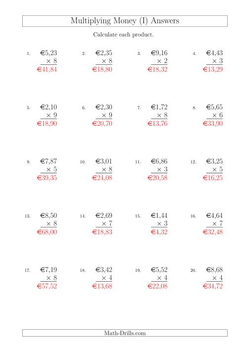 The Multiplying Euro Amounts in Increments of 1 Cent by One-Digit Multipliers (I) Math Worksheet Page 2