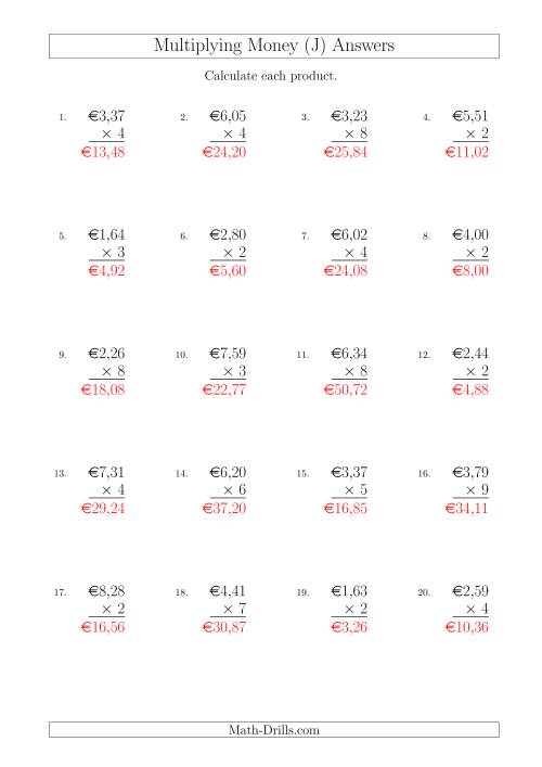 The Multiplying Euro Amounts in Increments of 1 Cent by One-Digit Multipliers (J) Math Worksheet Page 2