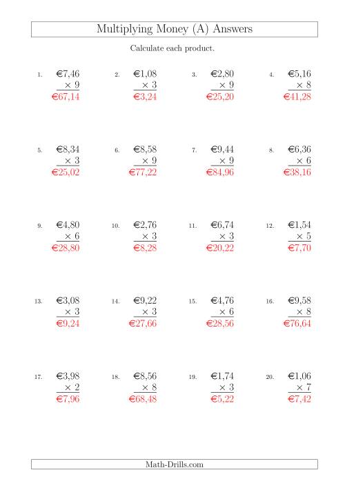 The Multiplying Euro Amounts in Increments of 2 Cents by One-Digit Multipliers (A) Math Worksheet Page 2