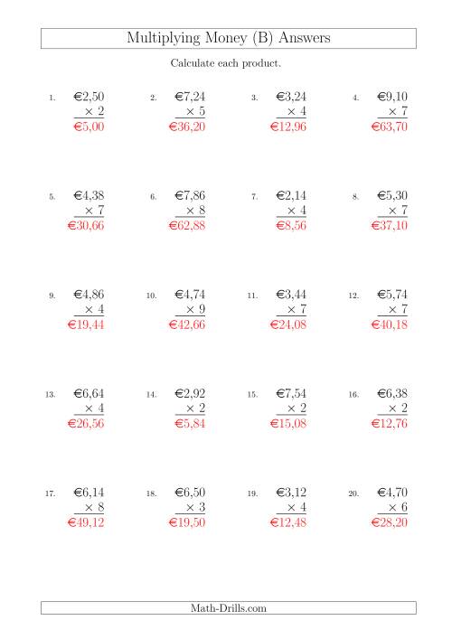 The Multiplying Euro Amounts in Increments of 2 Cents by One-Digit Multipliers (B) Math Worksheet Page 2