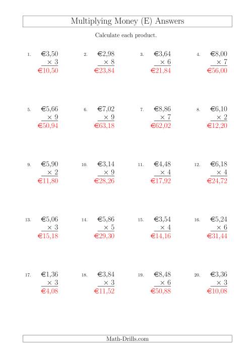 The Multiplying Euro Amounts in Increments of 2 Cents by One-Digit Multipliers (E) Math Worksheet Page 2