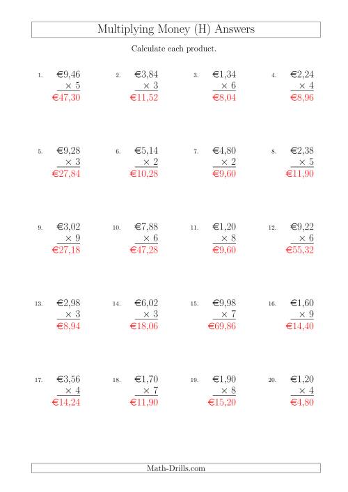 The Multiplying Euro Amounts in Increments of 2 Cents by One-Digit Multipliers (H) Math Worksheet Page 2