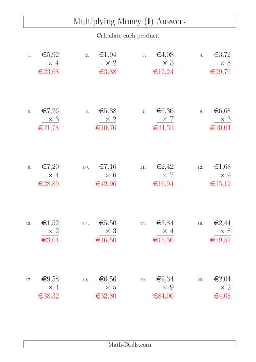 The Multiplying Euro Amounts in Increments of 2 Cents by One-Digit Multipliers (I) Math Worksheet Page 2