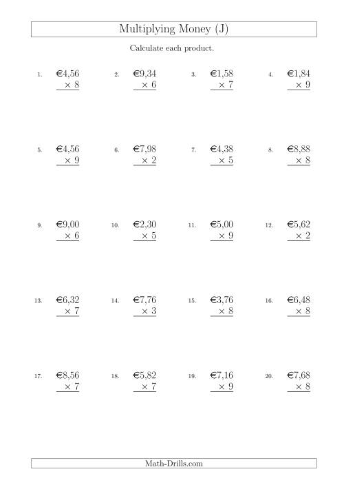 The Multiplying Euro Amounts in Increments of 2 Cents by One-Digit Multipliers (J) Math Worksheet