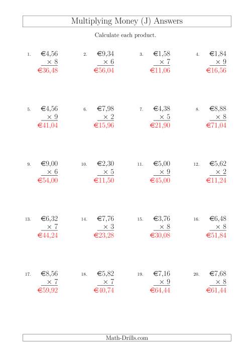 The Multiplying Euro Amounts in Increments of 2 Cents by One-Digit Multipliers (J) Math Worksheet Page 2