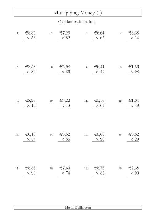 The Multiplying Euro Amounts in Increments of 2 Cents by Two-Digit Multipliers (I) Math Worksheet