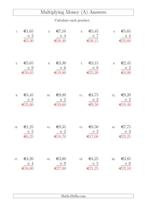 The Multiplying Euro Amounts in Increments of 5 Cents by One-Digit Multipliers (A) Math Worksheet Page 2
