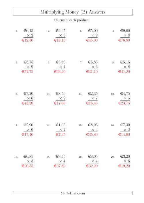 The Multiplying Euro Amounts in Increments of 5 Cents by One-Digit Multipliers (B) Math Worksheet Page 2