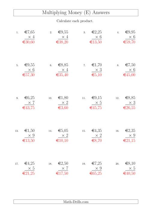 The Multiplying Euro Amounts in Increments of 5 Cents by One-Digit Multipliers (E) Math Worksheet Page 2