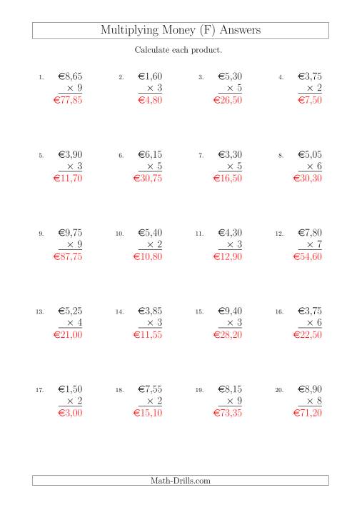 The Multiplying Euro Amounts in Increments of 5 Cents by One-Digit Multipliers (F) Math Worksheet Page 2