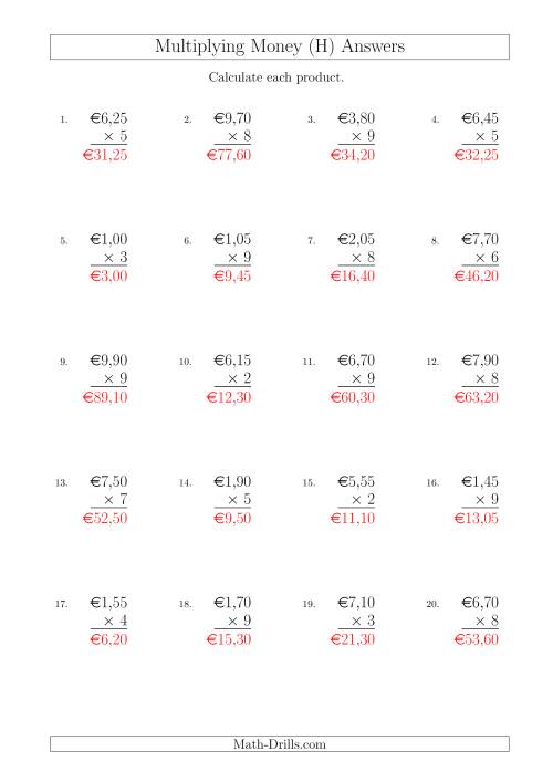 The Multiplying Euro Amounts in Increments of 5 Cents by One-Digit Multipliers (H) Math Worksheet Page 2