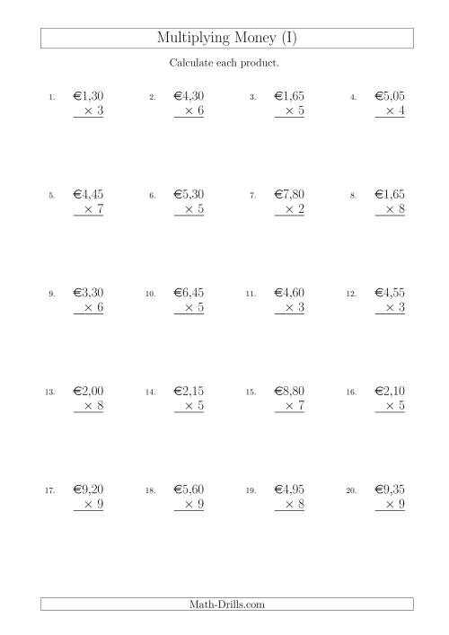 The Multiplying Euro Amounts in Increments of 5 Cents by One-Digit Multipliers (I) Math Worksheet