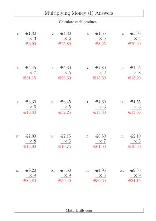 The Multiplying Euro Amounts in Increments of 5 Cents by One-Digit Multipliers (I) Math Worksheet Page 2