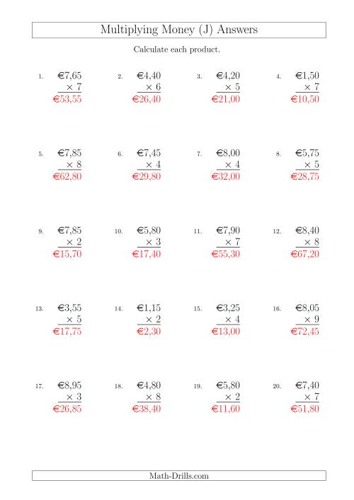 The Multiplying Euro Amounts in Increments of 5 Cents by One-Digit Multipliers (J) Math Worksheet Page 2
