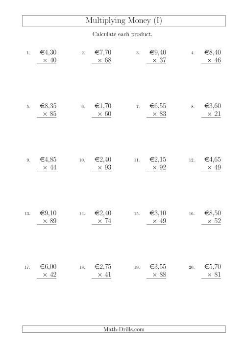The Multiplying Euro Amounts in Increments of 5 Cents by Two-Digit Multipliers (I) Math Worksheet