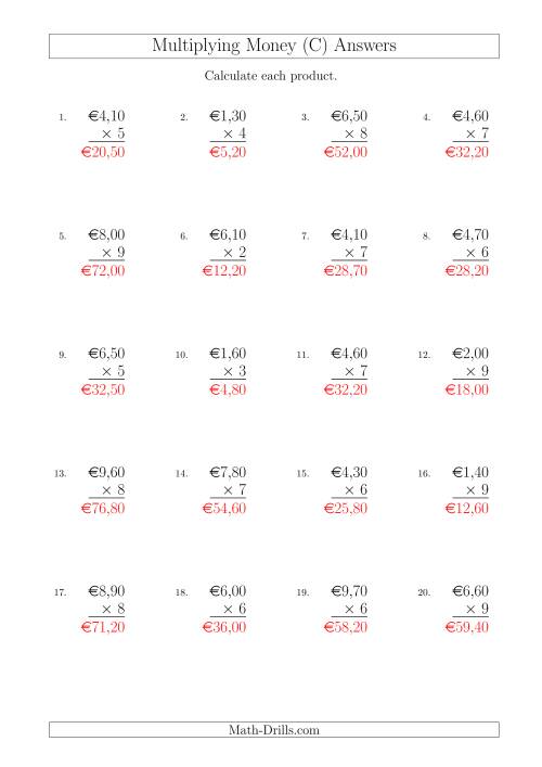 The Multiplying Euro Amounts in Increments of 10 Cents by One-Digit Multipliers (C) Math Worksheet Page 2