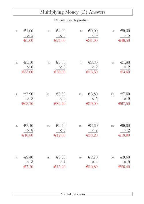 The Multiplying Euro Amounts in Increments of 10 Cents by One-Digit Multipliers (D) Math Worksheet Page 2