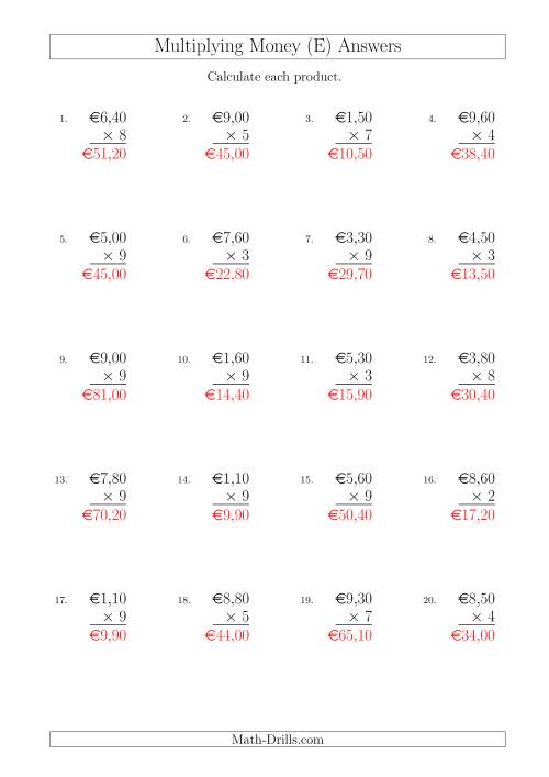 The Multiplying Euro Amounts in Increments of 10 Cents by One-Digit Multipliers (E) Math Worksheet Page 2