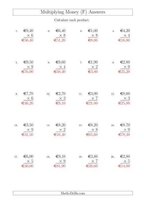The Multiplying Euro Amounts in Increments of 10 Cents by One-Digit Multipliers (F) Math Worksheet Page 2