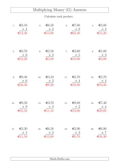 The Multiplying Euro Amounts in Increments of 10 Cents by One-Digit Multipliers (G) Math Worksheet Page 2