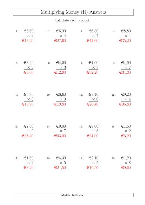 The Multiplying Euro Amounts in Increments of 10 Cents by One-Digit Multipliers (H) Math Worksheet Page 2