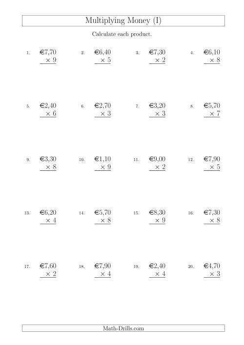 The Multiplying Euro Amounts in Increments of 10 Cents by One-Digit Multipliers (I) Math Worksheet