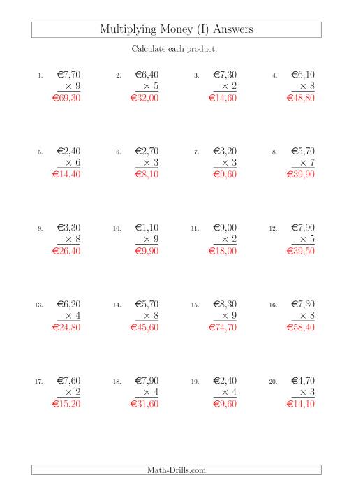The Multiplying Euro Amounts in Increments of 10 Cents by One-Digit Multipliers (I) Math Worksheet Page 2