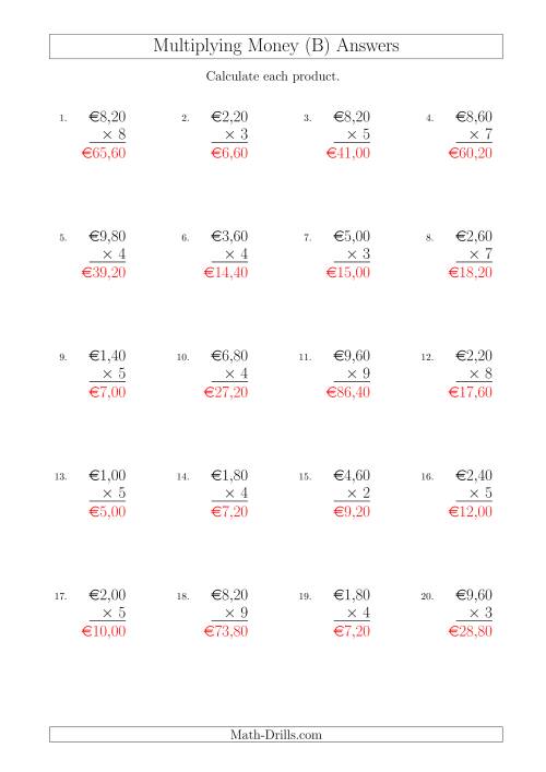 The Multiplying Euro Amounts in Increments of 20 Cents by One-Digit Multipliers (B) Math Worksheet Page 2