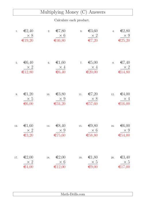 The Multiplying Euro Amounts in Increments of 20 Cents by One-Digit Multipliers (C) Math Worksheet Page 2