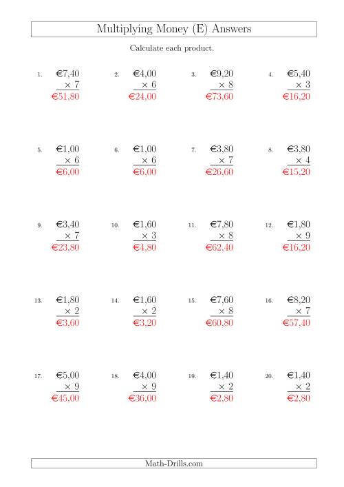 The Multiplying Euro Amounts in Increments of 20 Cents by One-Digit Multipliers (E) Math Worksheet Page 2