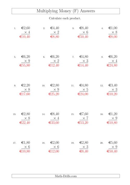 The Multiplying Euro Amounts in Increments of 20 Cents by One-Digit Multipliers (F) Math Worksheet Page 2