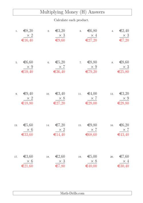 The Multiplying Euro Amounts in Increments of 20 Cents by One-Digit Multipliers (H) Math Worksheet Page 2