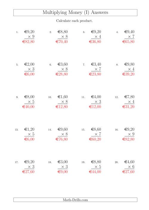 The Multiplying Euro Amounts in Increments of 20 Cents by One-Digit Multipliers (I) Math Worksheet Page 2