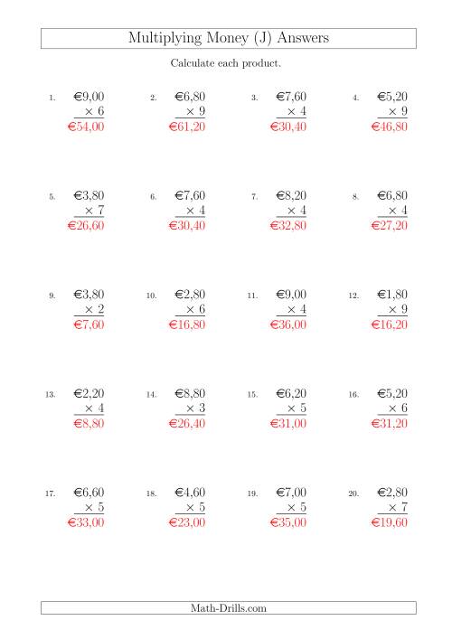 The Multiplying Euro Amounts in Increments of 20 Cents by One-Digit Multipliers (J) Math Worksheet Page 2