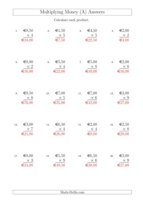 The Multiplying Euro Amounts in Increments of 50 Cents by One-Digit Multipliers (A) Math Worksheet Page 2