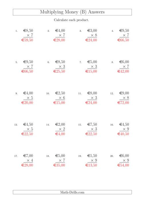 The Multiplying Euro Amounts in Increments of 50 Cents by One-Digit Multipliers (B) Math Worksheet Page 2