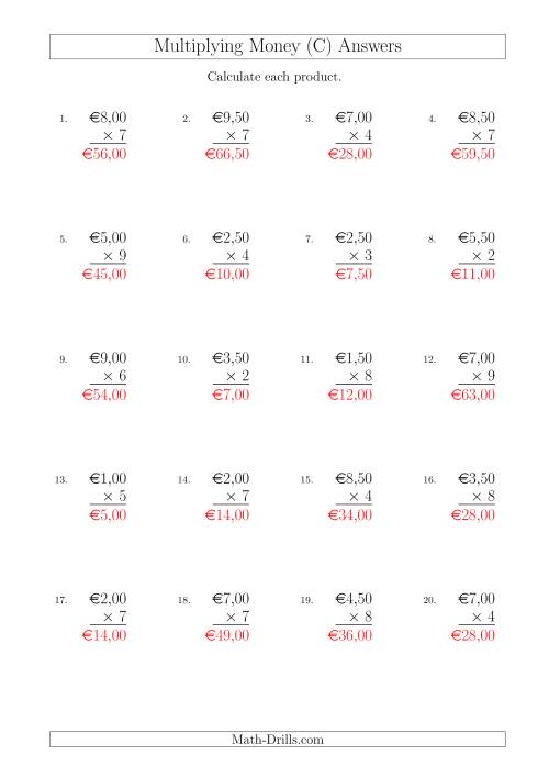 The Multiplying Euro Amounts in Increments of 50 Cents by One-Digit Multipliers (C) Math Worksheet Page 2