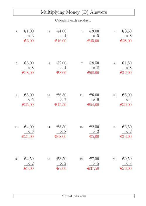 The Multiplying Euro Amounts in Increments of 50 Cents by One-Digit Multipliers (D) Math Worksheet Page 2