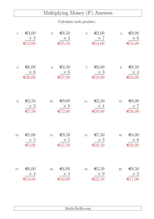 The Multiplying Euro Amounts in Increments of 50 Cents by One-Digit Multipliers (F) Math Worksheet Page 2
