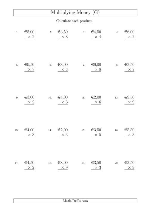 The Multiplying Euro Amounts in Increments of 50 Cents by One-Digit Multipliers (G) Math Worksheet
