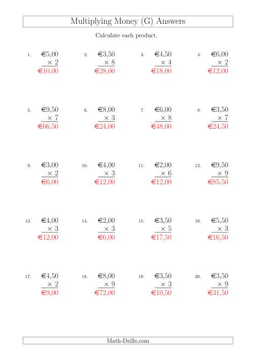 The Multiplying Euro Amounts in Increments of 50 Cents by One-Digit Multipliers (G) Math Worksheet Page 2