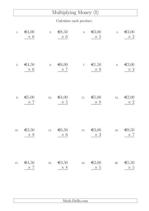 The Multiplying Euro Amounts in Increments of 50 Cents by One-Digit Multipliers (I) Math Worksheet
