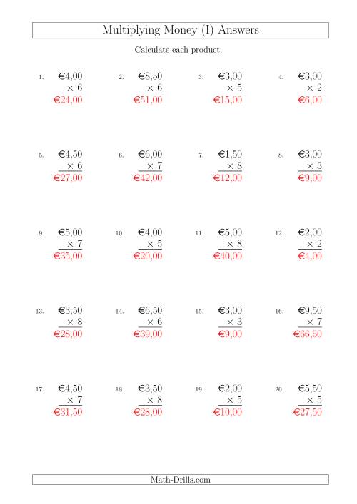 The Multiplying Euro Amounts in Increments of 50 Cents by One-Digit Multipliers (I) Math Worksheet Page 2