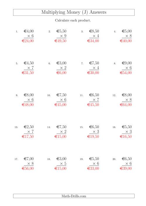 The Multiplying Euro Amounts in Increments of 50 Cents by One-Digit Multipliers (J) Math Worksheet Page 2