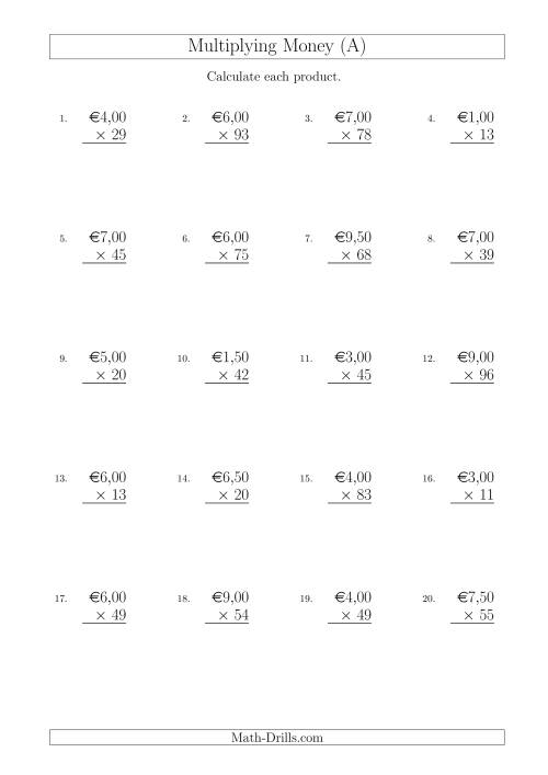 The Multiplying Euro Amounts in Increments of 50 Cents by Two-Digit Multipliers (A) Math Worksheet