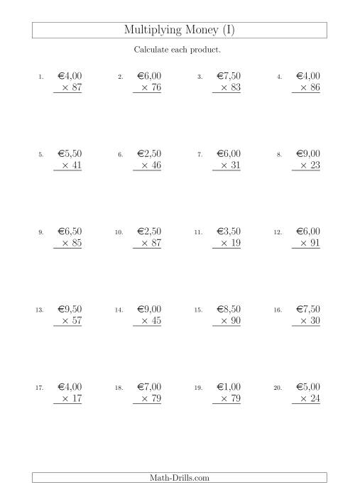 The Multiplying Euro Amounts in Increments of 50 Cents by Two-Digit Multipliers (I) Math Worksheet