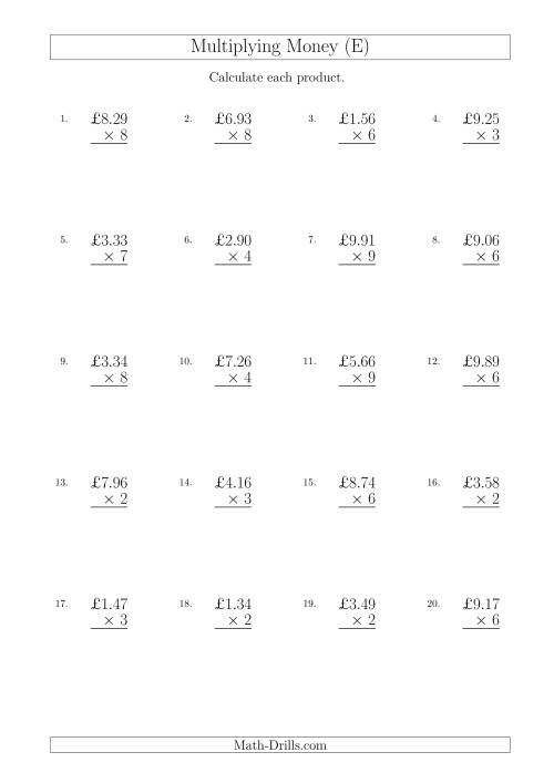 The Multiplying Pound Sterling Amounts in Increments of 1 Penny by One-Digit Multipliers (U.K.) (E) Math Worksheet
