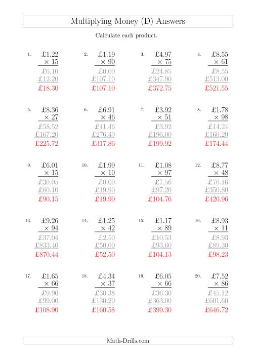 The Multiplying Pound Sterling Amounts in Increments of 1 Penny by Two-Digit Multipliers (U.K.) (D) Math Worksheet Page 2