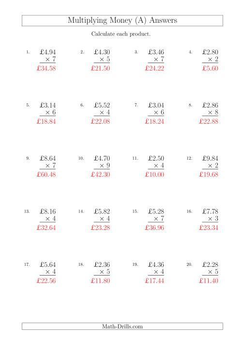 The Multiplying Pound Sterling Amounts in Increments of 2 Pence by One-Digit Multipliers (U.K.) (A) Math Worksheet Page 2
