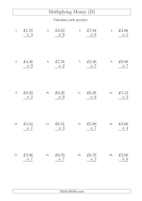 The Multiplying Pound Sterling Amounts in Increments of 2 Pence by One-Digit Multipliers (U.K.) (D) Math Worksheet
